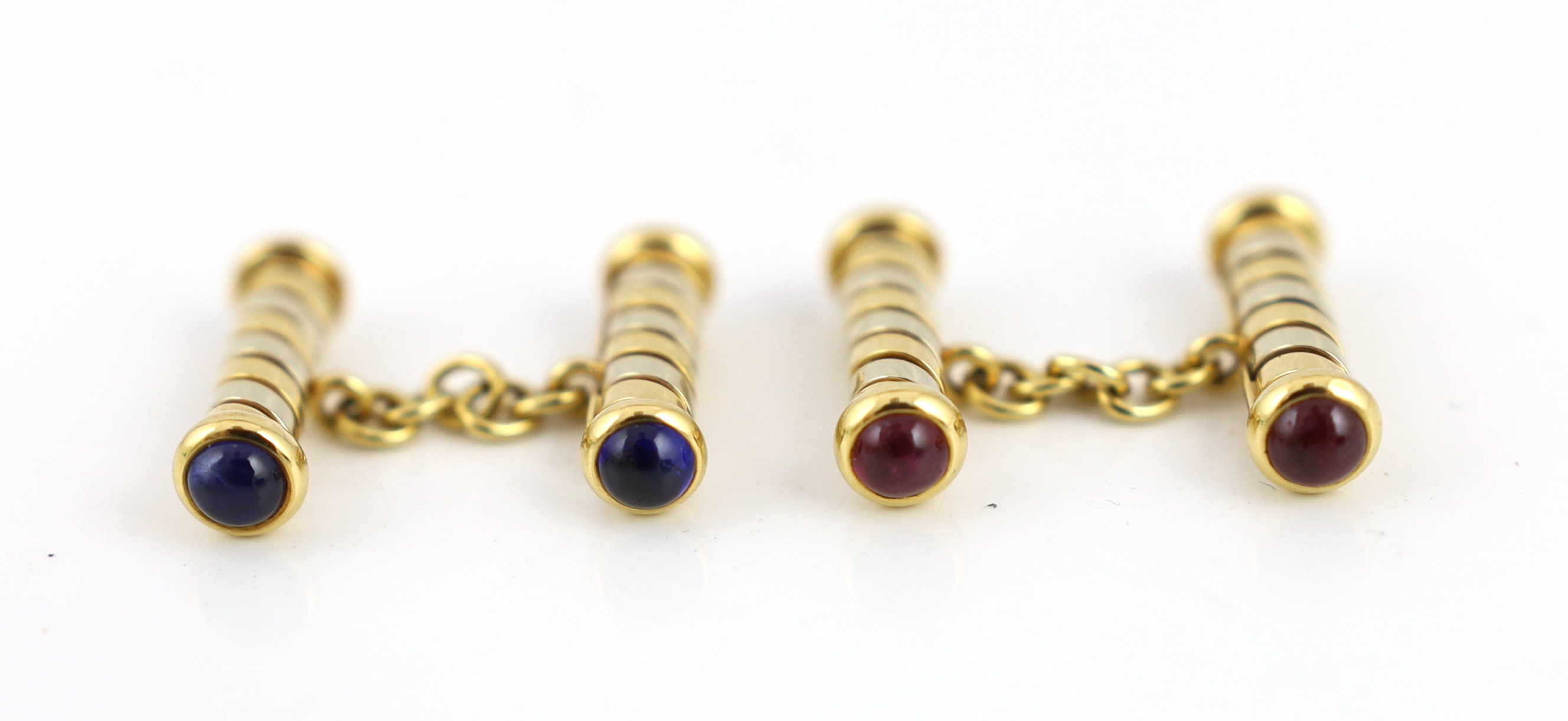 A pair of Italian Bulgari two colour 18ct gold and cabochon ruby and sapphire set baton cufflinks